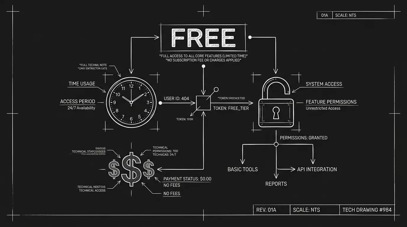 Dark mode technical sketch: FREE with small print; clock, lock, dollar; thin white lines on black
