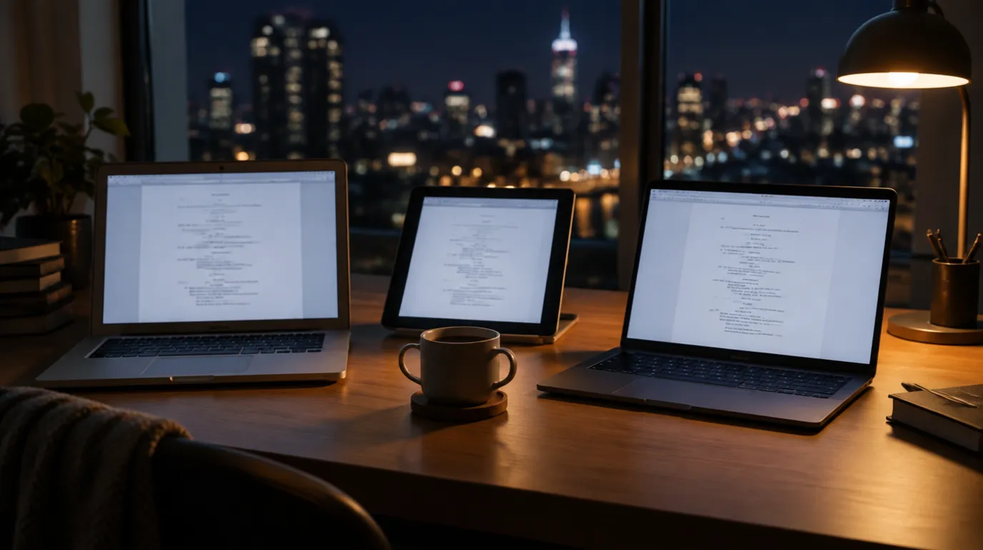 A writer's desk at night with an older MacBook, an iPad and a newer laptop lined up in front of a city skyline, all showing the same screenplay page, with a coffee cup and a desk lamp
