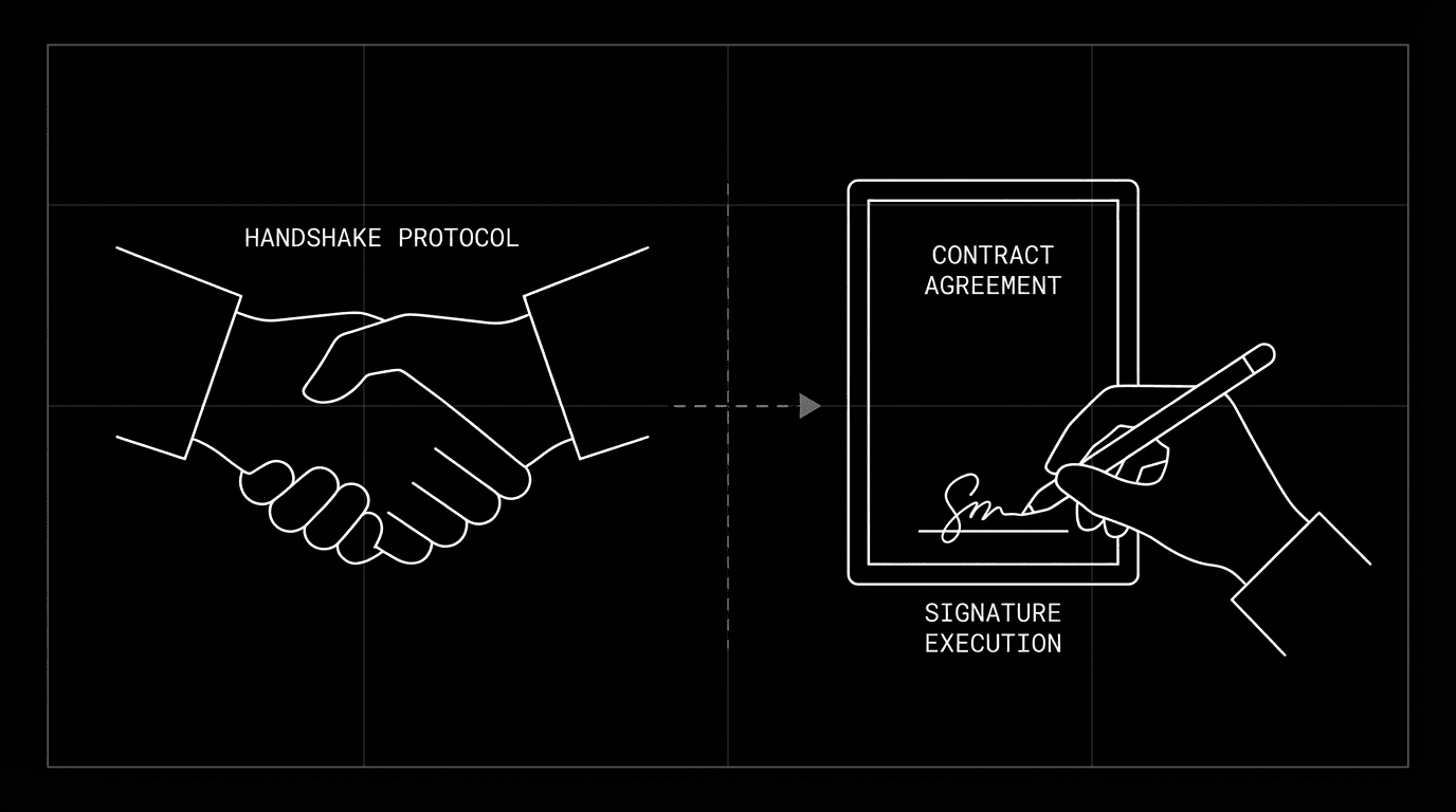 Handshake vs contract; dark mode technical sketch