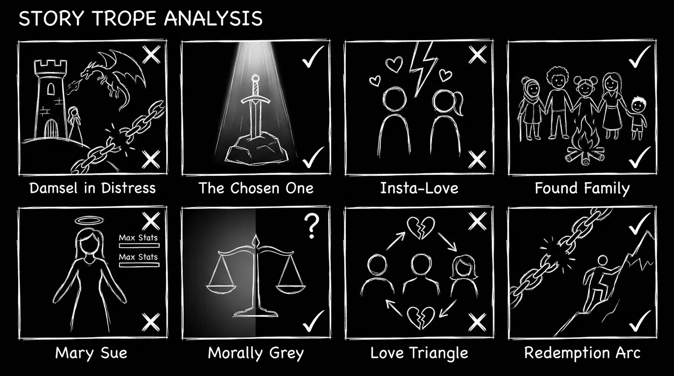 Grid of eight trope icons with X and checkmark; dark mode technical sketch