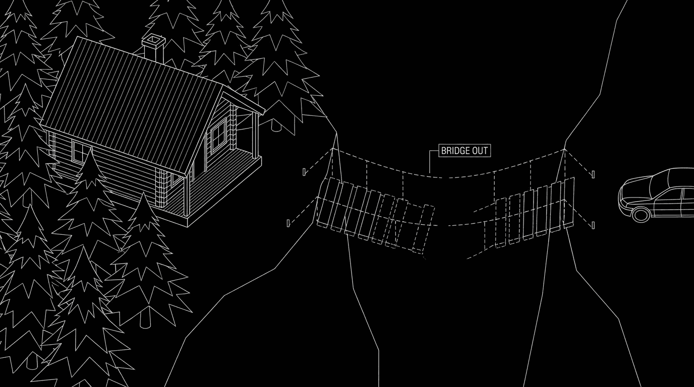 Cabin in woods, bridge out, car at edge of frame; dark mode technical sketch, thin white lines on black