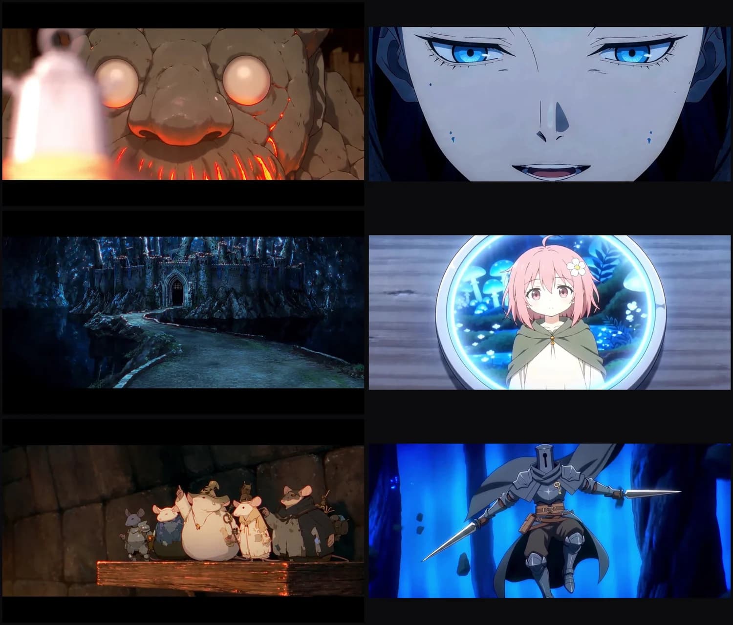 Six finished frames from Lost Garden: Bourdon's flame beard, the Source Tree, the castle on its cliff, Rose inside the medallion, the mice on their shelf, Serrure mid-leap with both blades