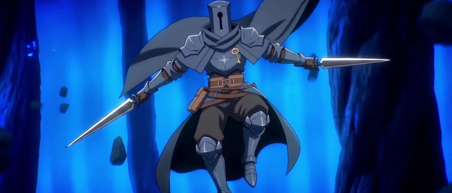 Serrure in the finished episode, mid-leap in blue light with both blades drawn