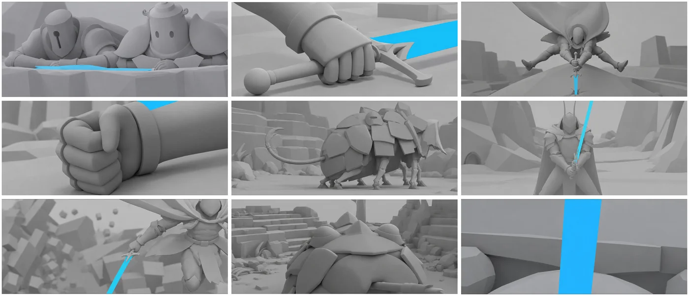 The arena fight in previz, nine panels, the blade flagged in cyan