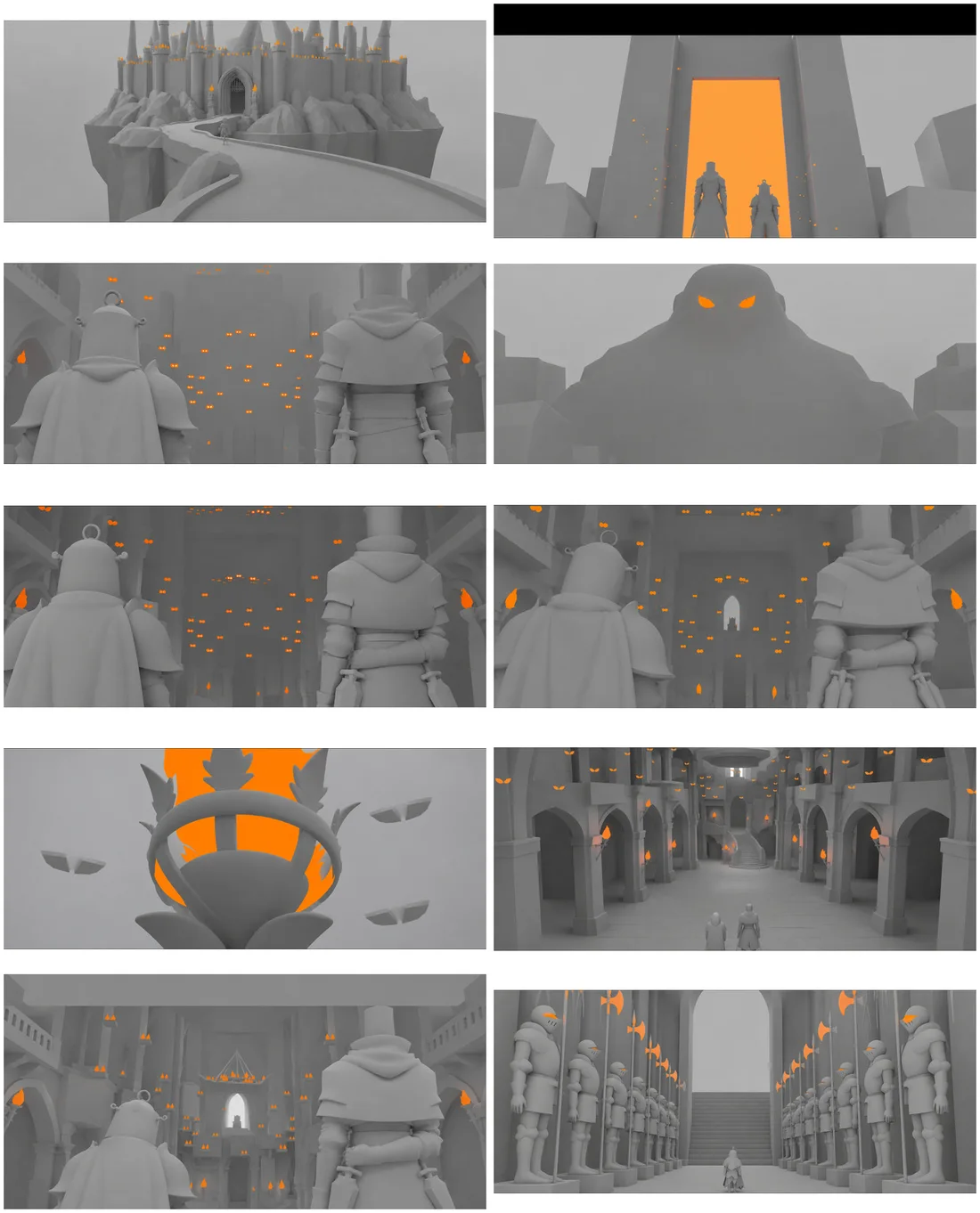 The arrival at the castle in previz, ten panels, flames flagged in orange