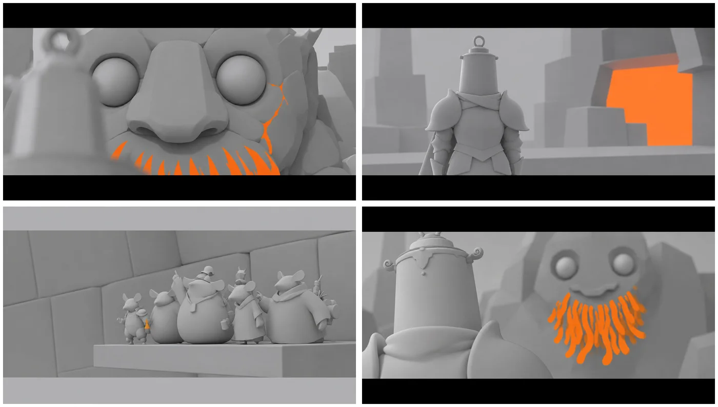 The bell foundry scene in previz: grey clay blockout, the fire flagged in flat orange