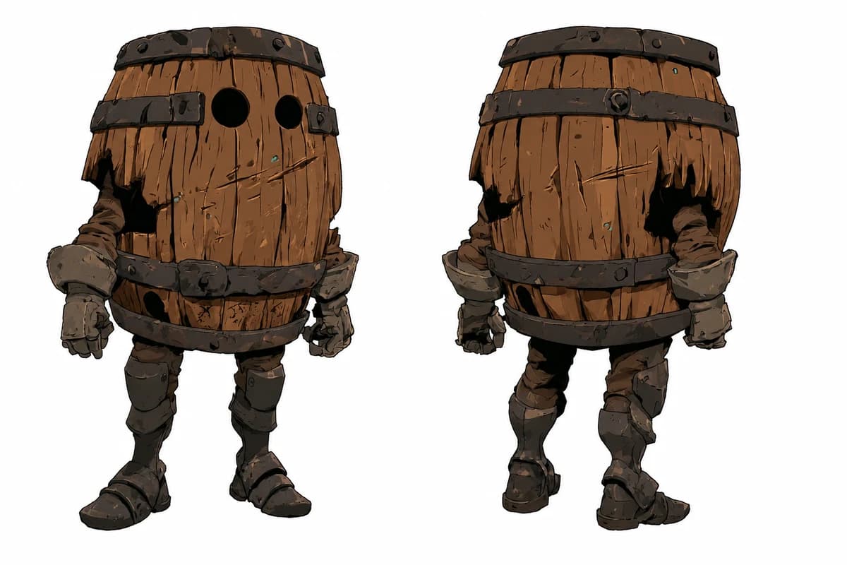 Model sheet for Barrik: a barrel body with two eye holes, iron bands, short armoured legs, front and back