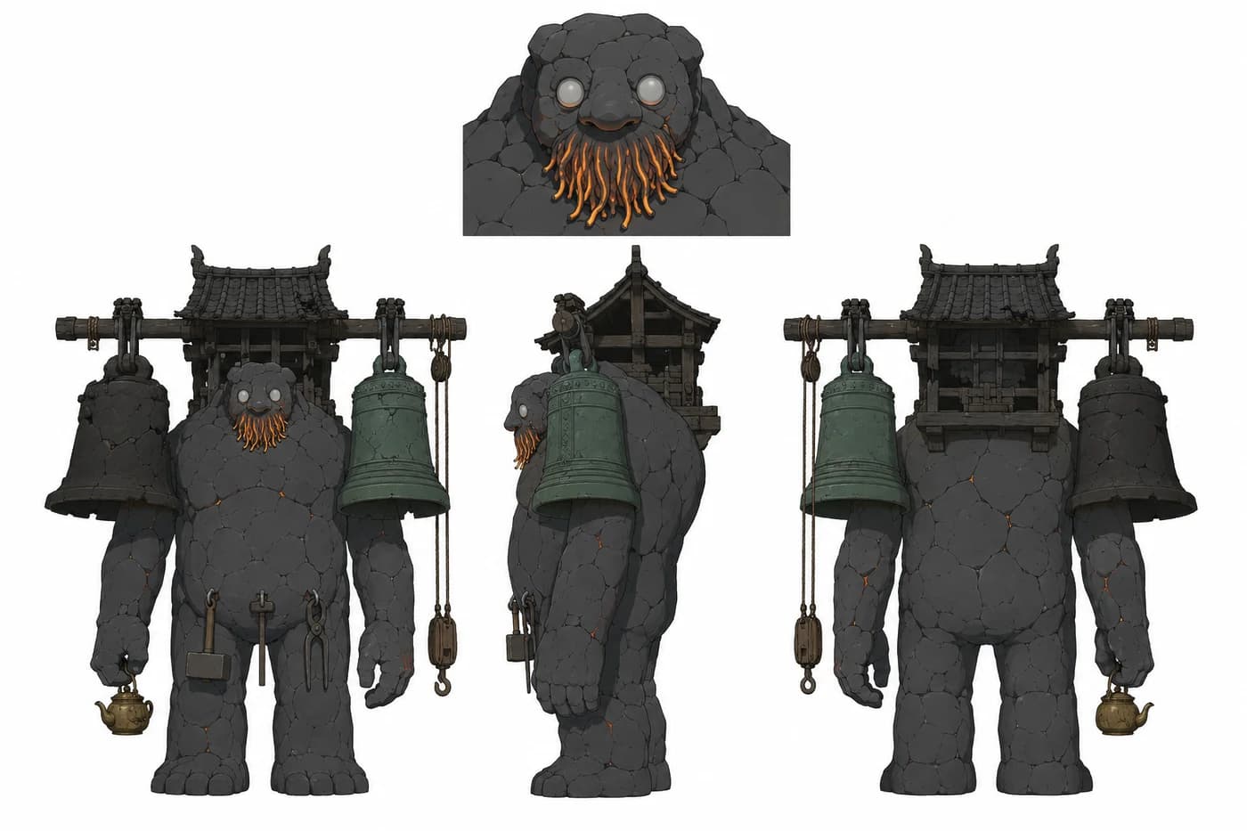 Model sheet for Bourdon: stone giant with a flame beard, a bell frame on his back, hammer, tongs and a brass teapot, with a head detail inset
