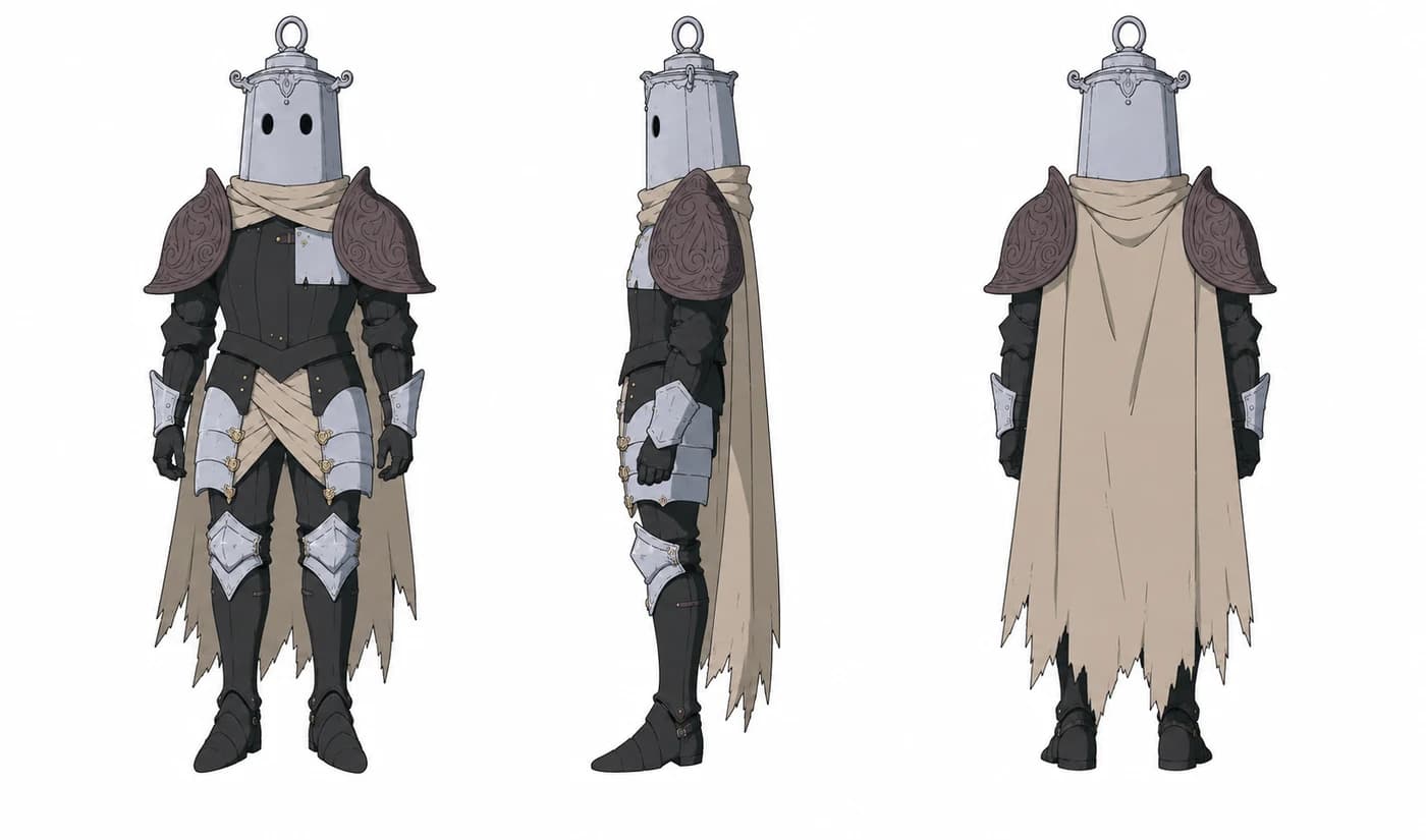 Model sheet for the Lantern Knight: white lantern helm with a carry ring, tan cape, ornate pauldrons, three views