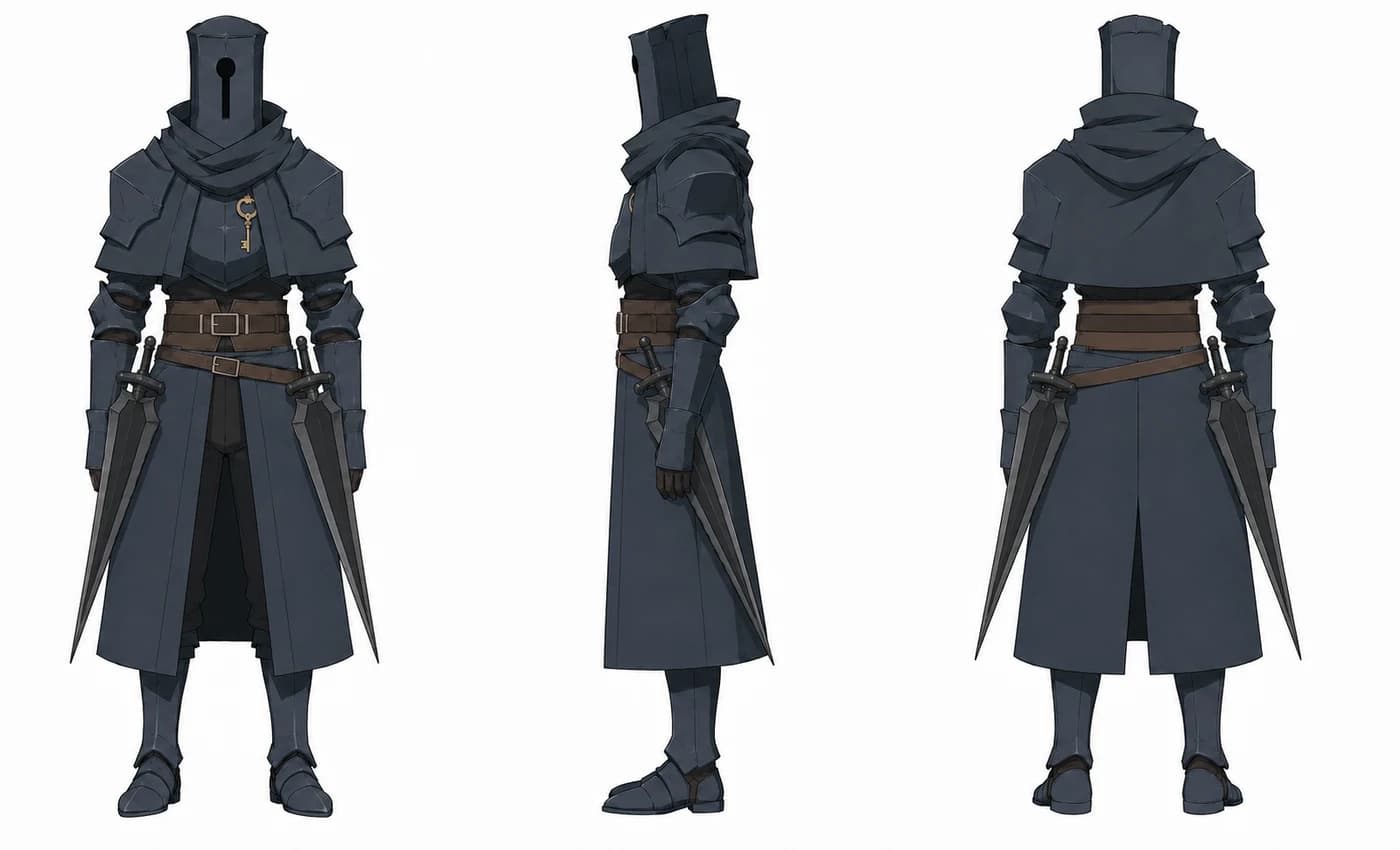 Model sheet for Serrure: front, profile and back view of a dark plate armour with a keyhole helm and a gold key on the breastplate