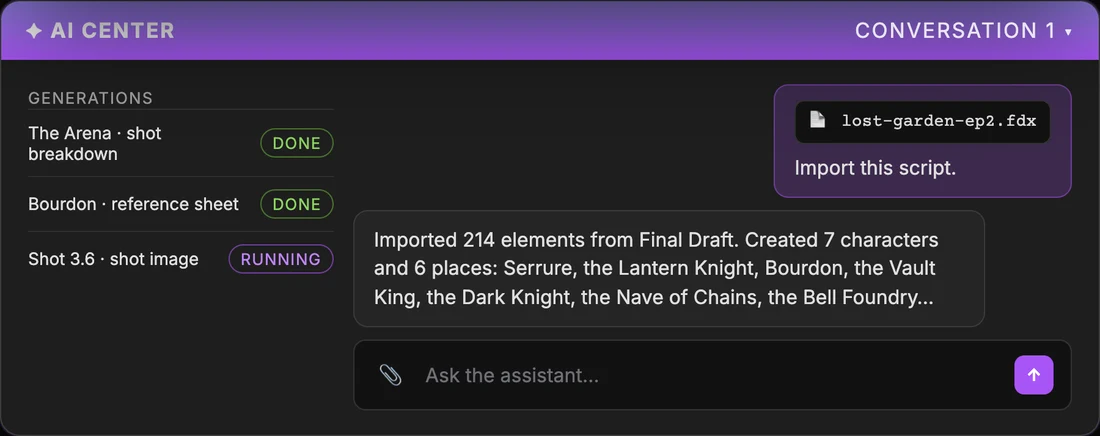 The AI Center, importing the episode 2 Final Draft file and listing the generations in progress