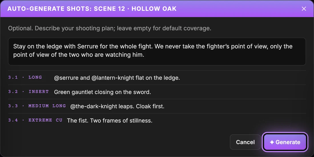 Generate shots from scene script on the arena scene, with the shooting plan written above the proposed shot list