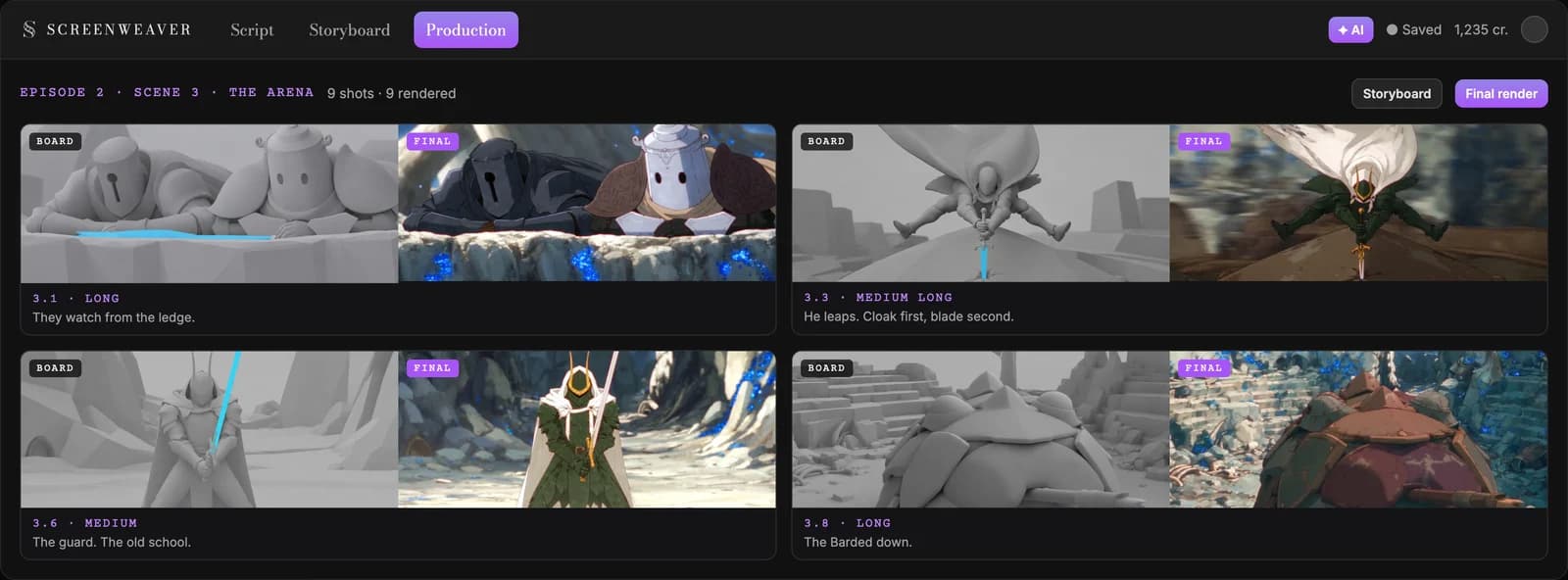 Board on the left, final render on the right, four shots of the arena scene