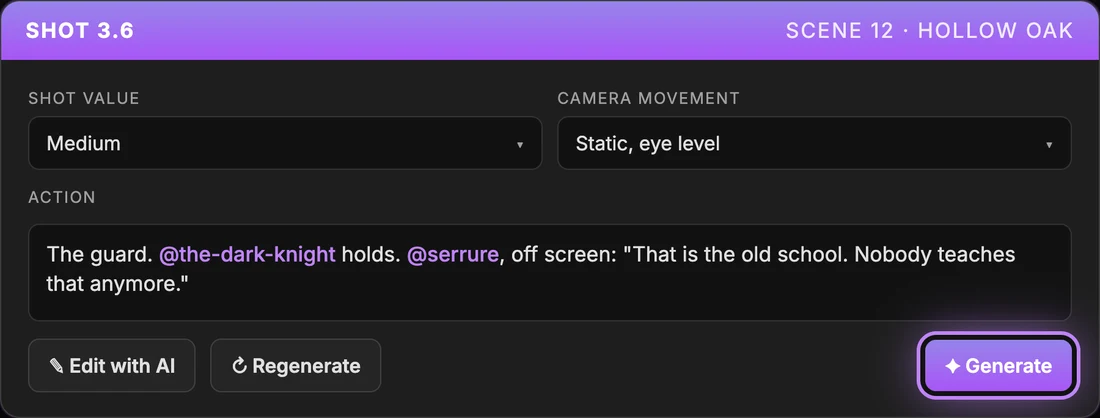 The shot panel for shot 3.6, with the shot value, the camera movement and the action line