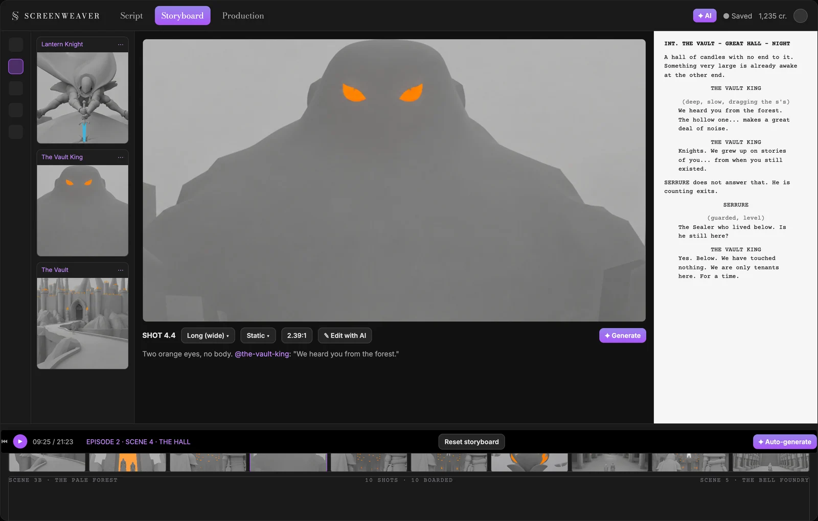 The storyboard view on the hall scene, ten previz panels, the Vault King as an entity
