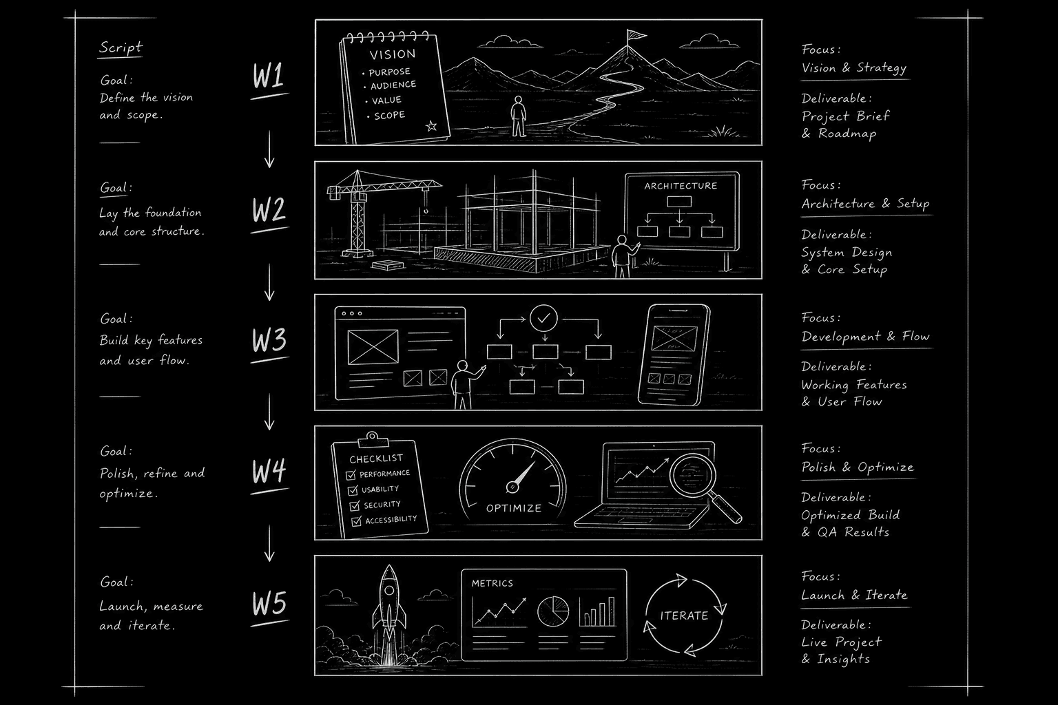 Montage beat stack with time markers and short action blocks; dark mode technical sketch