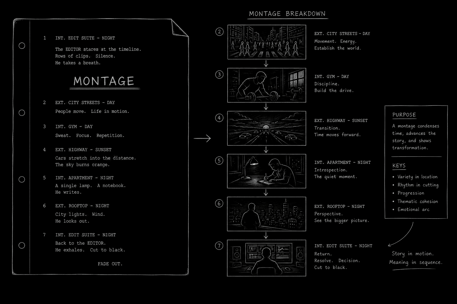 Dark mode technical sketch: montage scene blocks on screenplay page with thin white lines on solid black