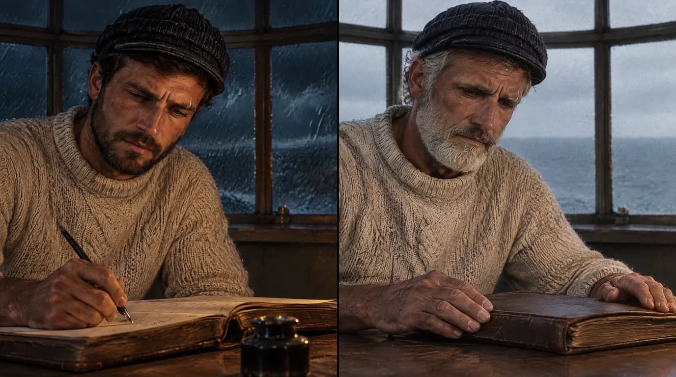 Reconstitution documentaire générée par IA : le même gardien de phare à la même table, qui écrit dans son journal de bord en 1950 et le referme quarante ans plus tard