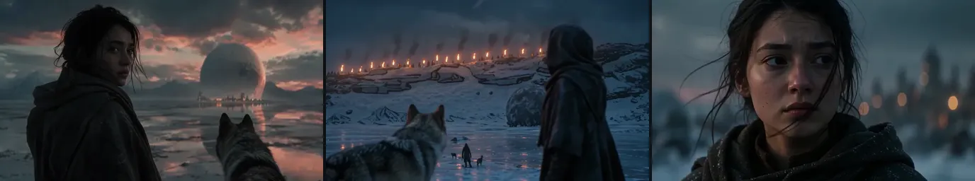 Three final shots of Mira from the Wolf Shore teaser: looking back on the frozen shore at dusk, seen from behind with her wolf facing a ridge of torches at night, and in close-up with city lights behind her
