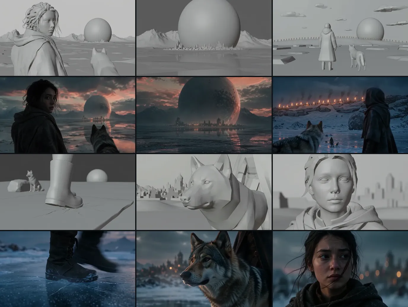 The six cuts of the Wolf Shore teaser in two blocks: each grey 3D storyboard frame above its final shot. A young woman looking back at a giant planet, the planet over a distant city, a line of torches on a ridge, a boot cracking black ice, a wolf in close-up, and a close-up of the woman's face