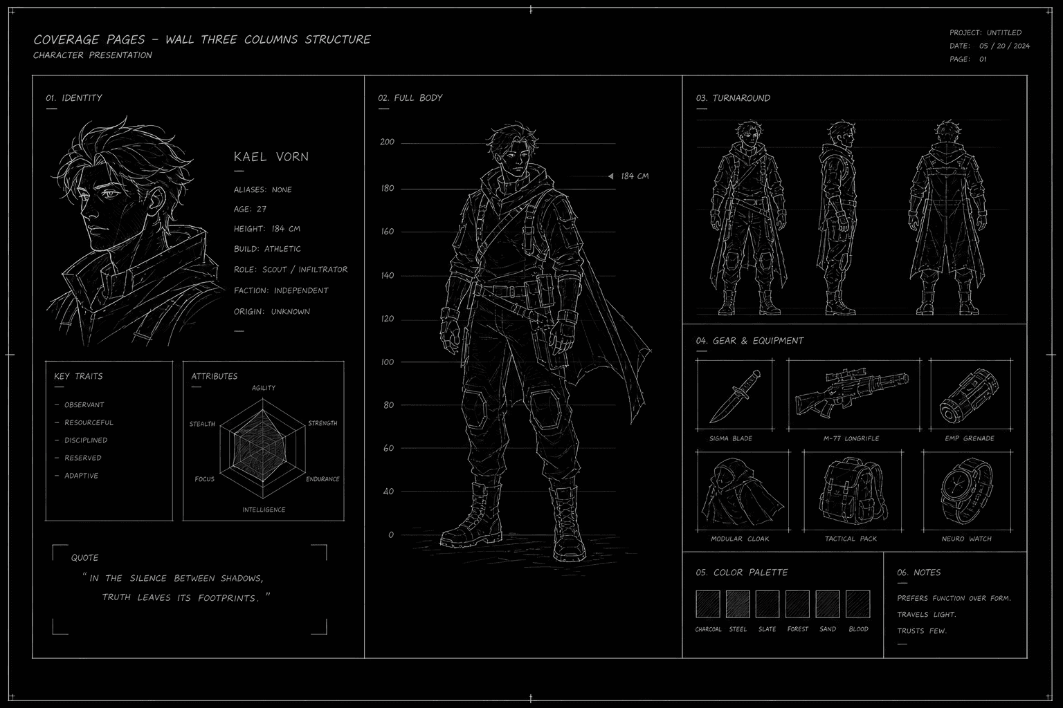 Dark mode technical sketch: coverage pages pinned to wall with three color-coded columns structure character presentation, thin white lines on black