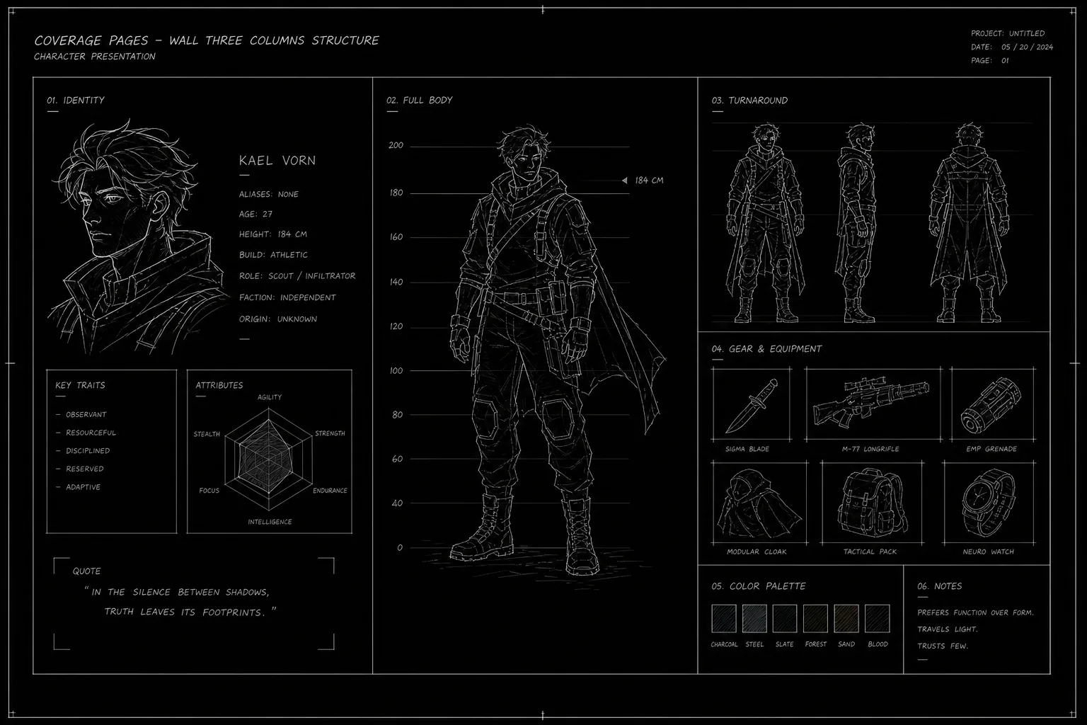Dark mode technical sketch: coverage pages pinned to wall with three color-coded columns structure character presentation, thin white lines on black