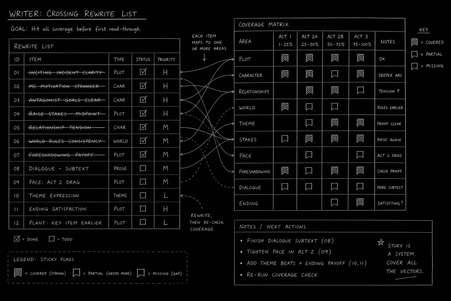 Dark mode technical sketch: writer crossing items off rewrite list beside printed coverage with three sticky flags, thin white lines on black