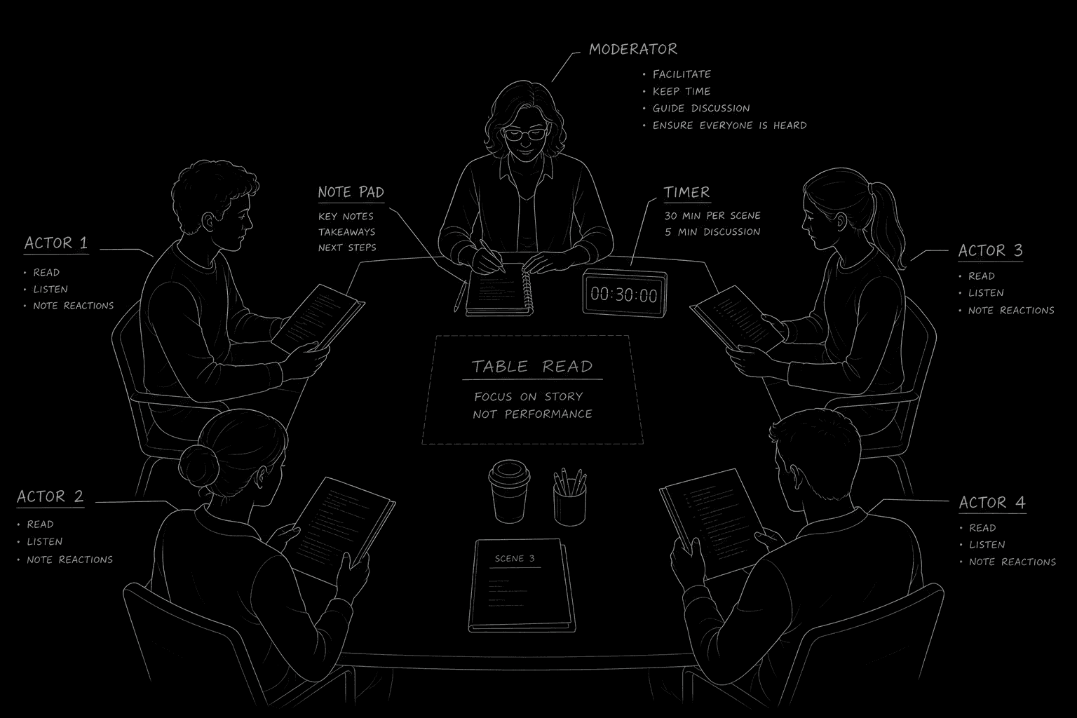 Dark mode technical sketch: moderator at head of table with timer and note pad actors with scripts, thin white lines on black