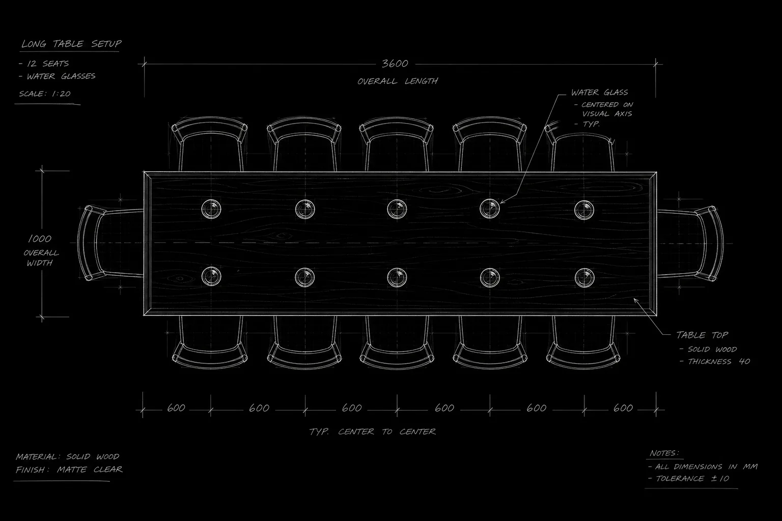 Dark mode technical sketch: long table with scripts and water glasses viewed from above, thin white lines on solid black