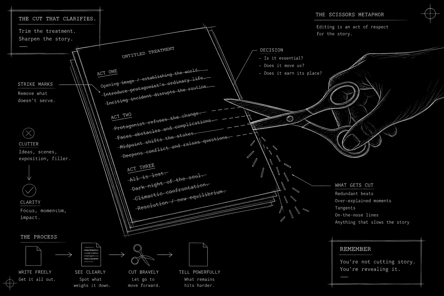 Dark mode technical sketch: writer trimming printed treatment pages with scissors metaphor shown as markup strikes, thin white lines on black
