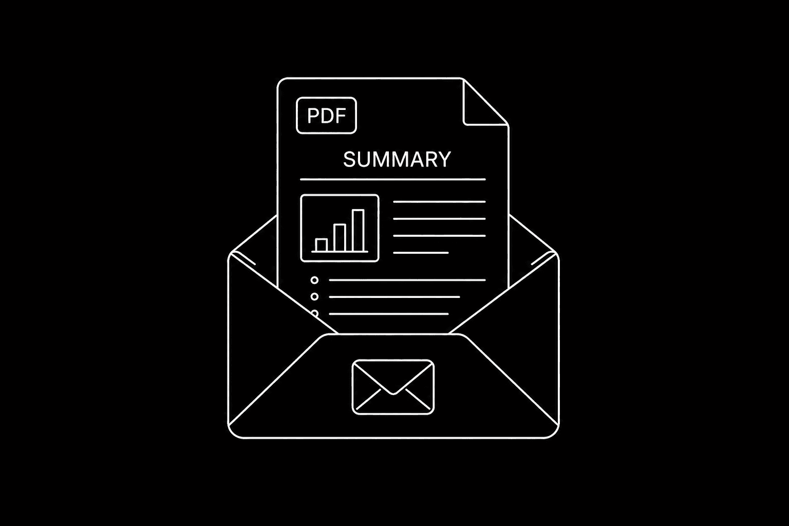 Dark mode technical sketch: email inbox row with treatment PDF attachment name highlighted beside a one-page summary icon, thin white lines on black