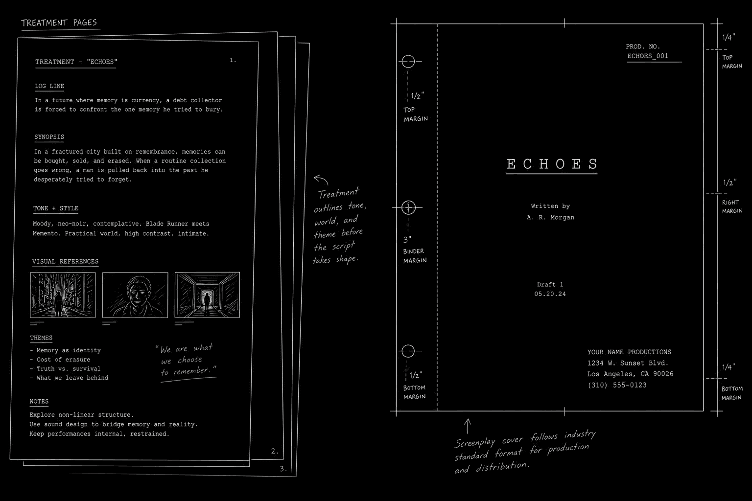 Dark mode technical sketch: treatment pages beside a screenplay cover with producer margin marks, thin white lines on solid black