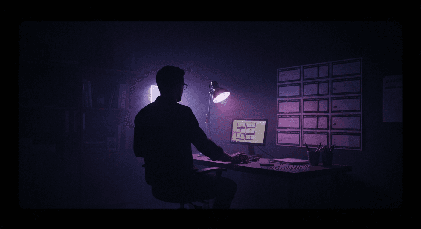 TV Bible as single source: world, characters, pilot; dark mode technical sketch