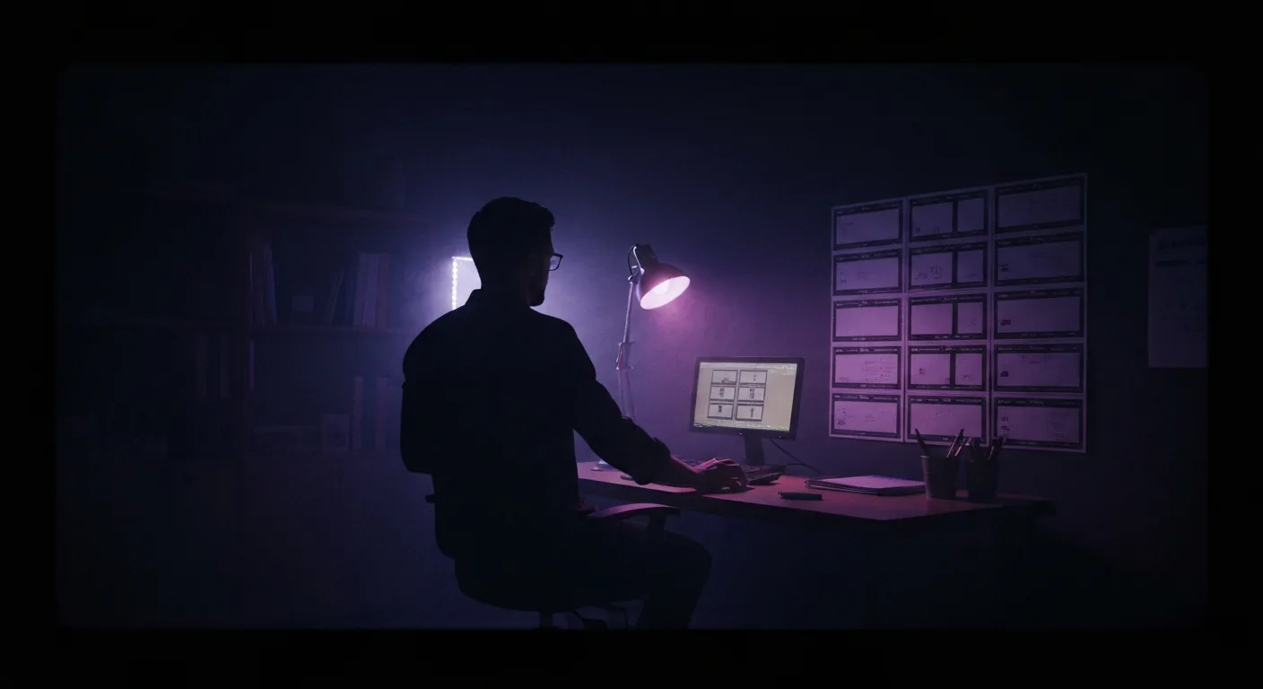 TV Bible as single source: world, characters, pilot; dark mode technical sketch