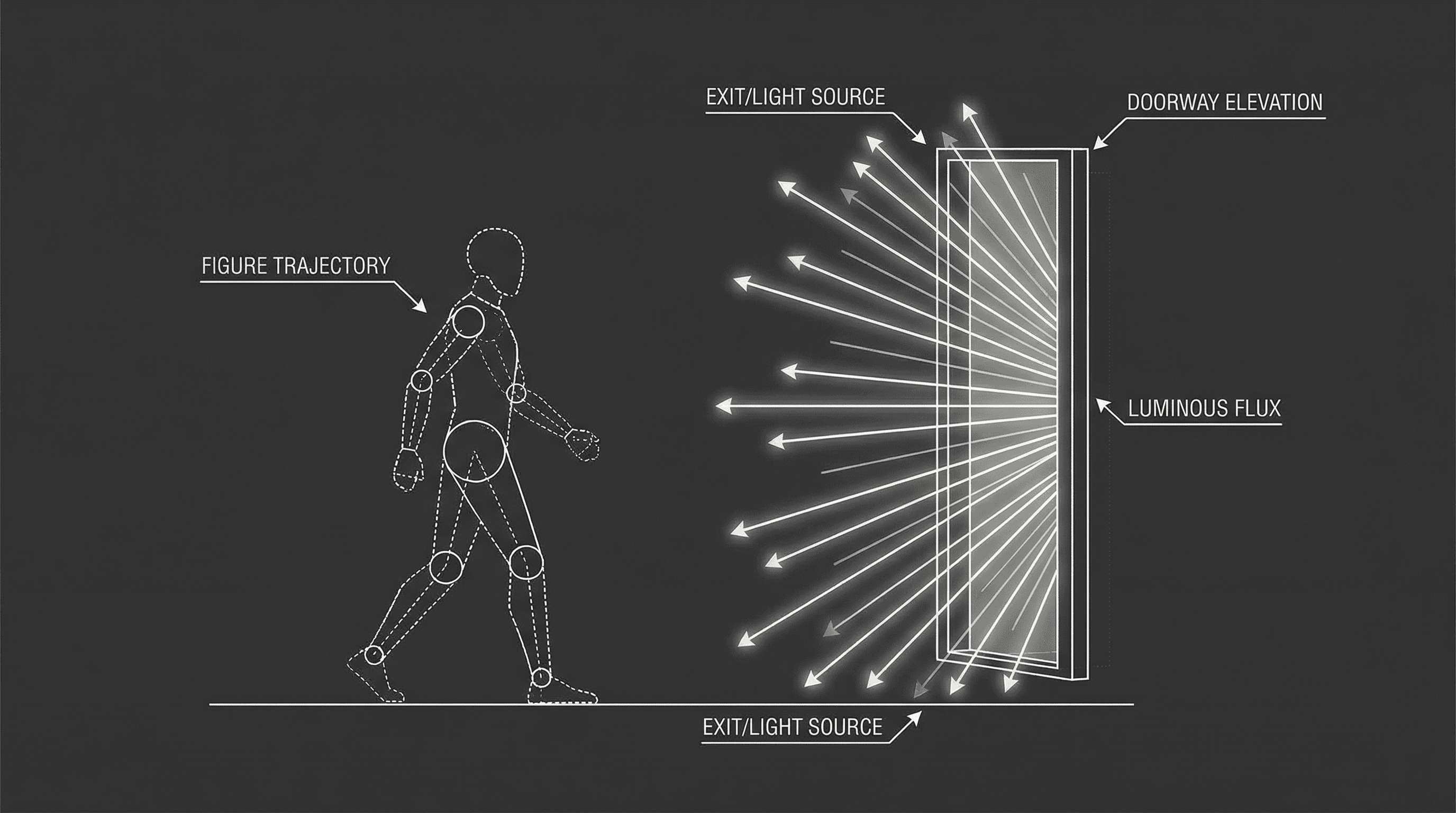 Single figure walking toward a door with light