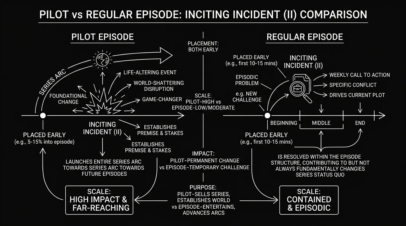 Pilot vs episode: inciting incident placement and scale; dark mode technical sketch