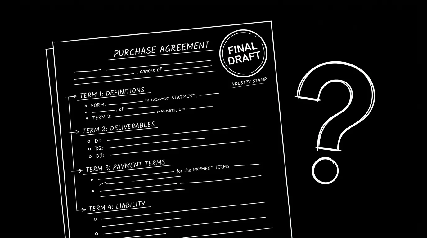 Dark mode technical sketch: contract or check with Final Draft stamp; question mark; thin white lines on black