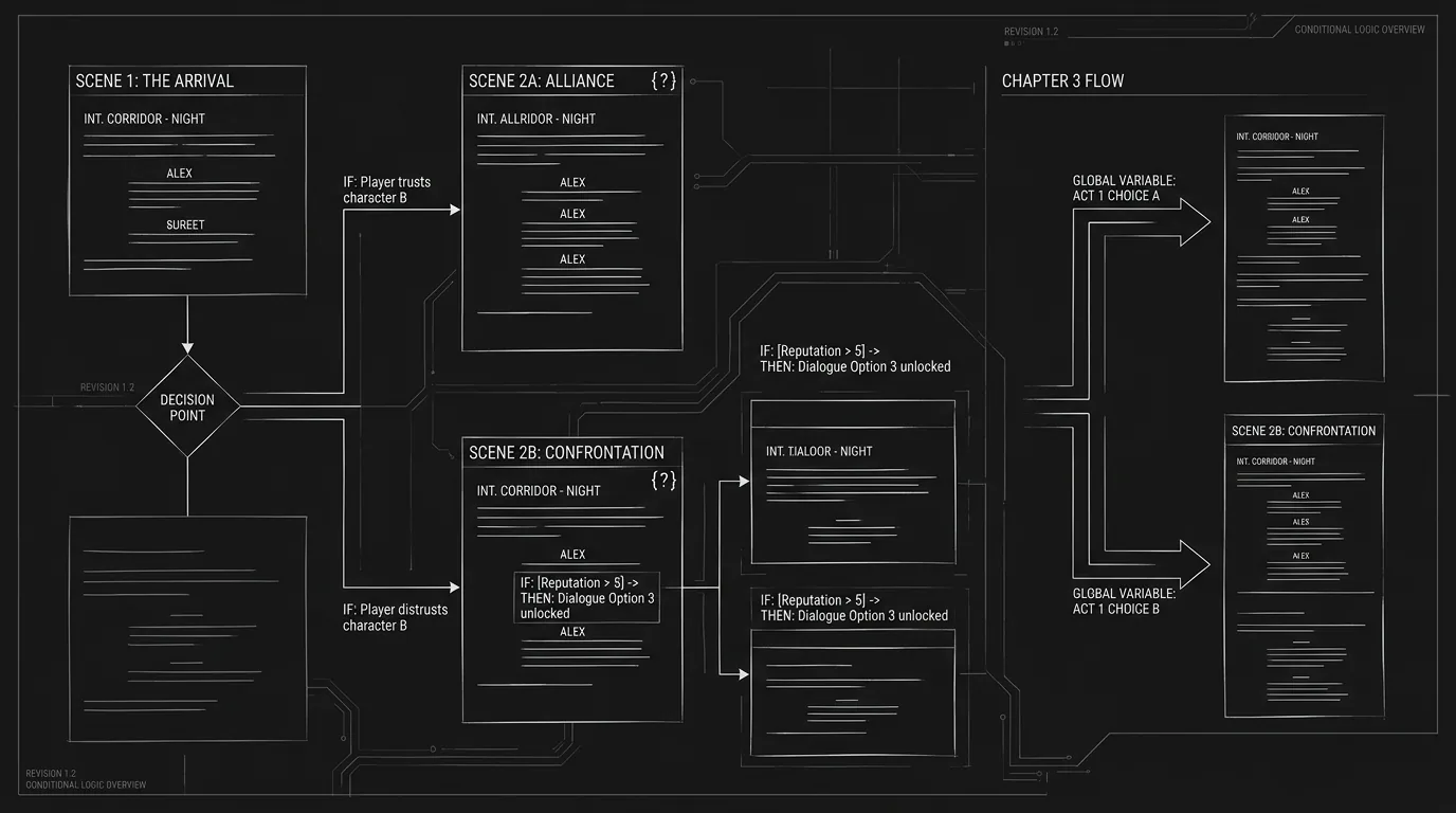 Script pages showing conditional scene entries; dark mode technical sketch, thin white lines on black background