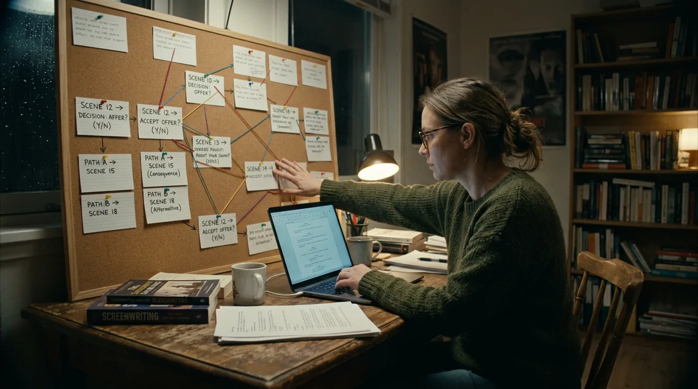 Dark mode technical sketch: branching narrative flowchart with decision nodes; thin white lines on black
