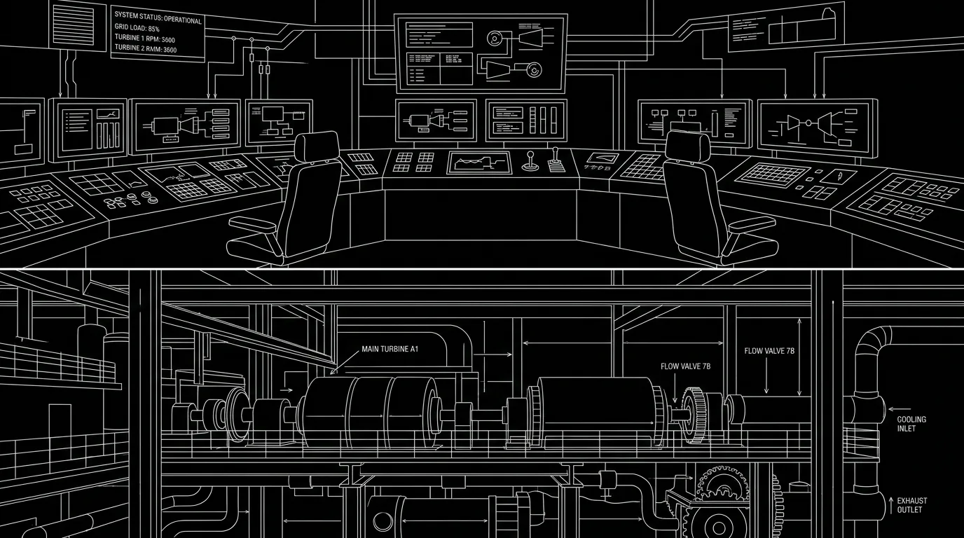 Two locations; INTERCUT; dark mode technical sketch
