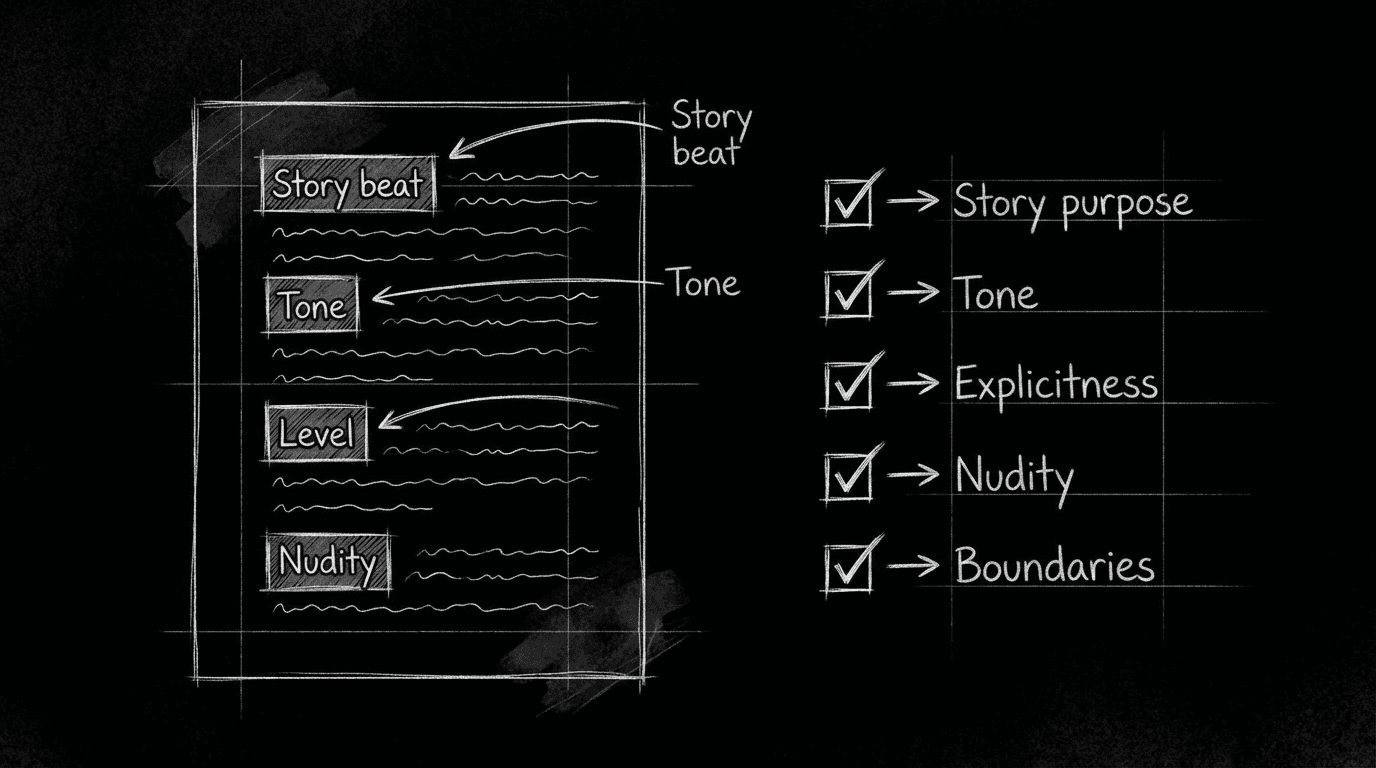 Script page: Story beat, Tone, Level, Nudity, checklist