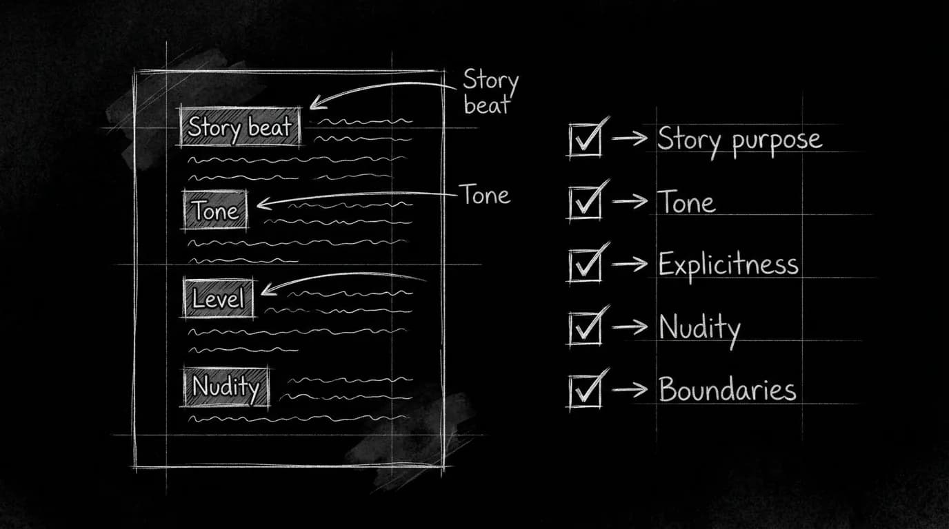 Script page: Story beat, Tone, Level, Nudity, checklist
