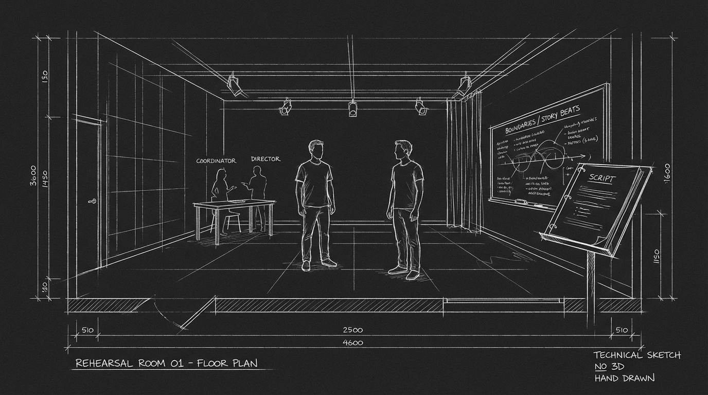 Rehearsal room: actors, coordinator, whiteboard