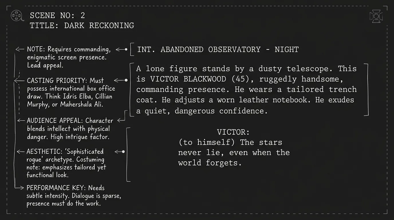A script page showing character introduction with margin notes about actor appeal; dark mode technical sketch, thin white lines on black background