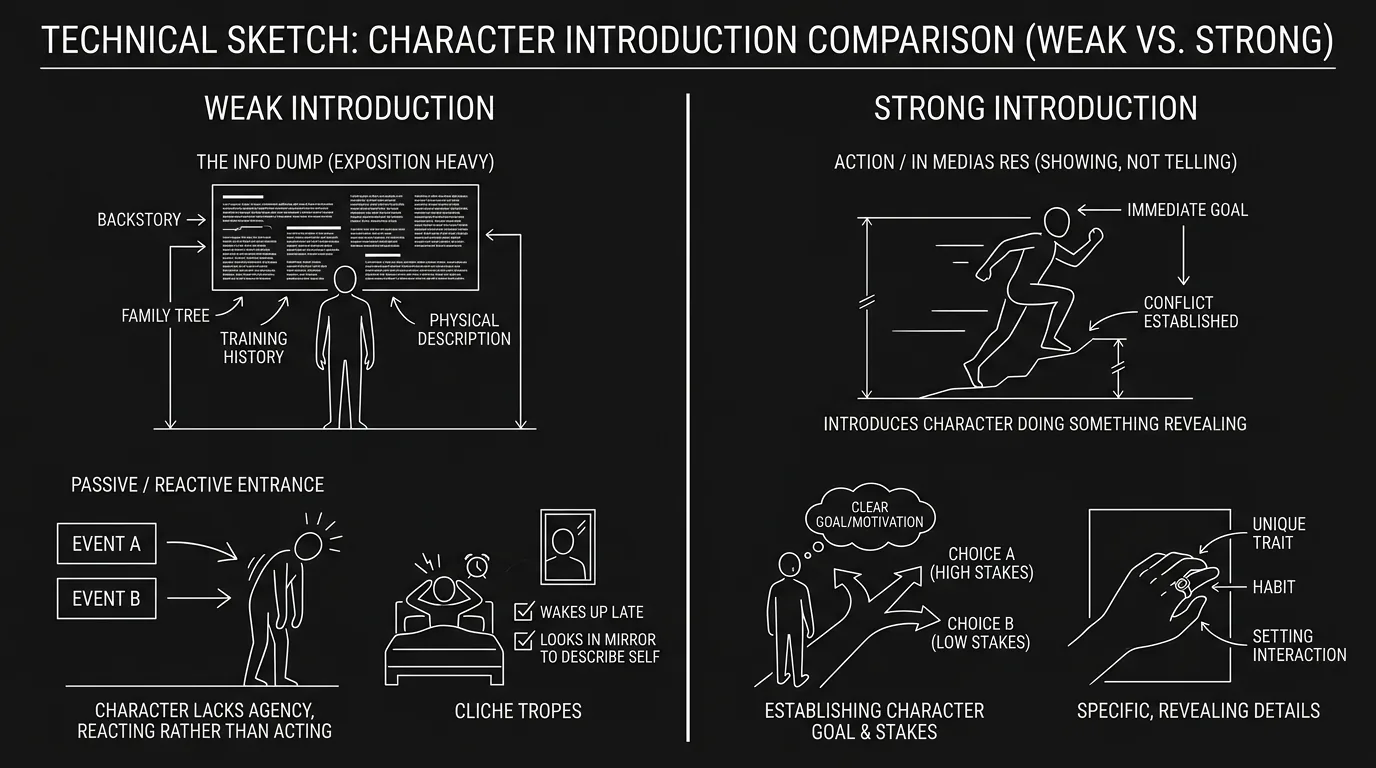 A split comparison of weak vs strong character introductions; dark mode technical sketch, thin white lines on black background