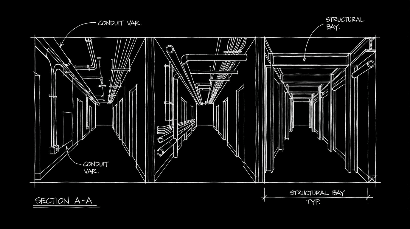 Corridor that repeats with slight differences; dark mode technical sketch