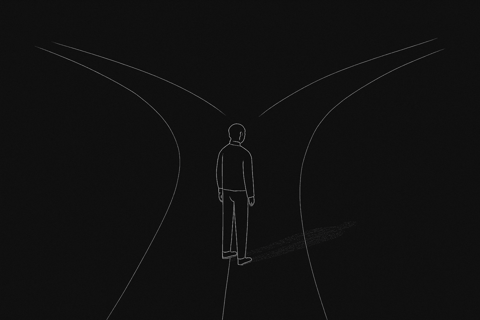 Single figure split: one half light, one half shadow; dark mode technical sketch