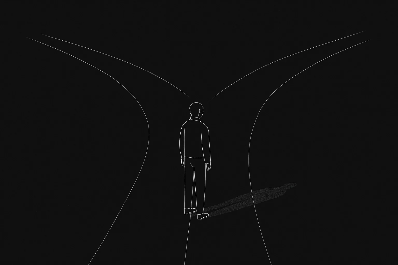 Single figure split: one half light, one half shadow; dark mode technical sketch
