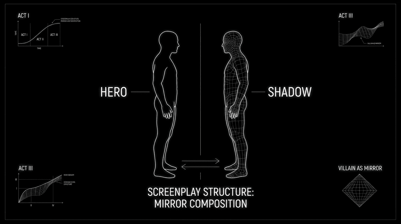 Jungian Shadow: hero and shadow figure facing each other, mirror composition; black background, thin white lines; dark mode technical sketch
