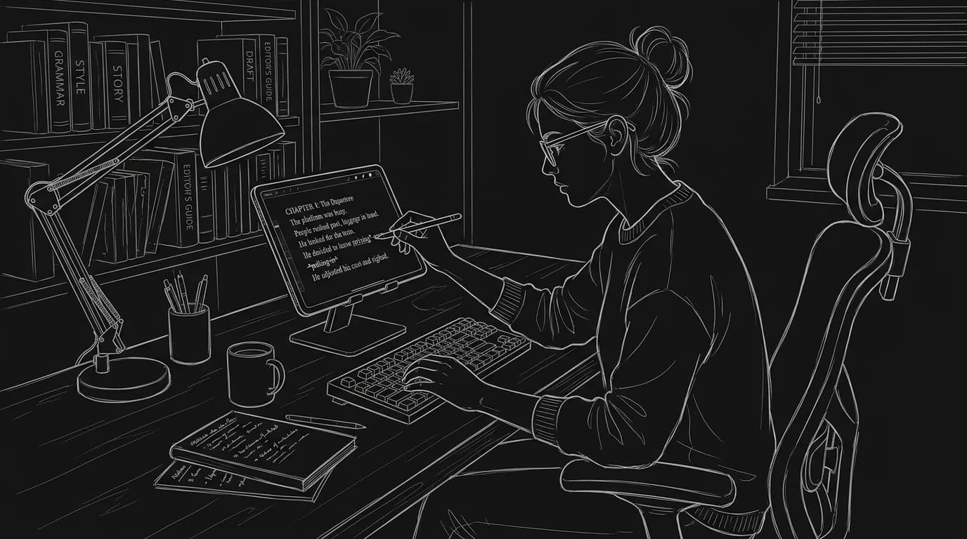 Prompt: Dark Mode Technical Sketch, writer at desk editing a line on screen, suggestion visible but crossed out, thin white lines on black --ar 16:9